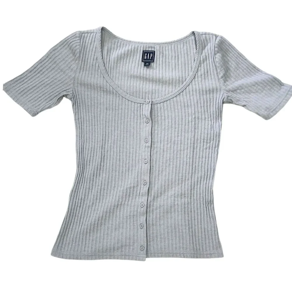 GAP Ribbed Button Front Top XS Gray - Picture 2 of 4